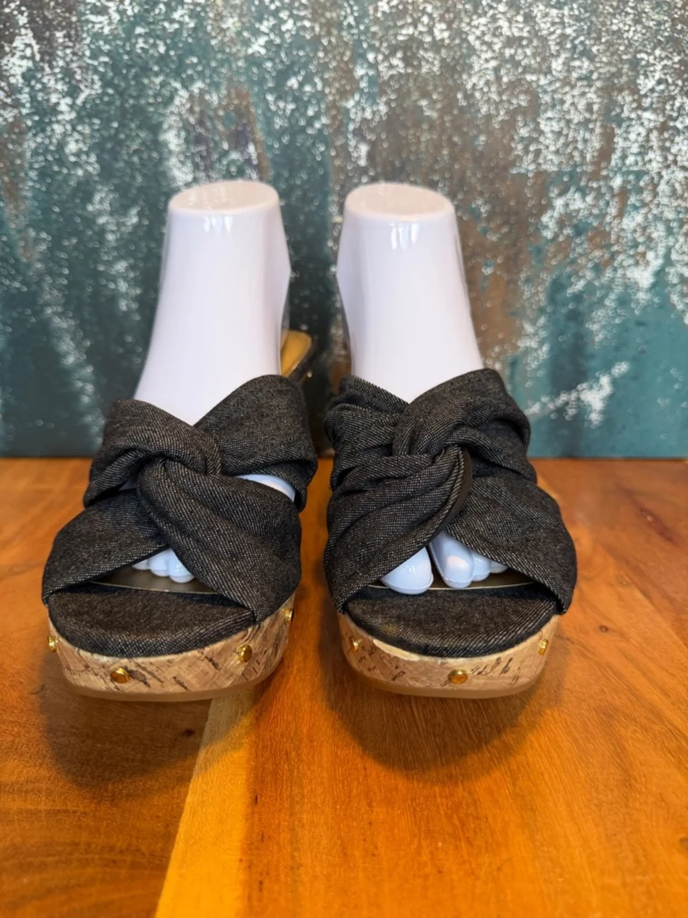 Dana‎ Buchman 2010s Classic Black Denim Cork Wedge Sandals (GUC)